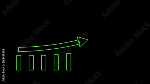 Neon green financial growth bar chart animation with rising arrow on black background, business finance