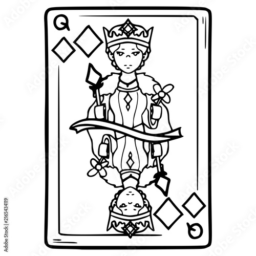queen of diamonds card illustration hand drawn outline vector