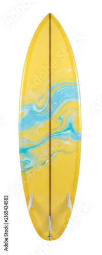 Yellow and blue surfboard isolated on white background for summer water sports and surfing