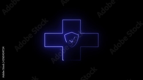 Neon medical cross with shield animation for healthcare security and health insurance concepts