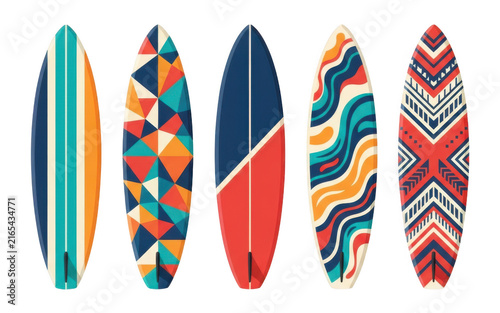 Set of five colorful surfboard designs with geometric and abstract patterns on white background