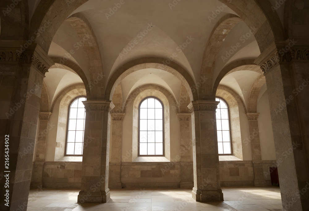 Fototapeta premium Ancient architecture and historical building interior, stone arches and vaulted ceiling with natural light from windows