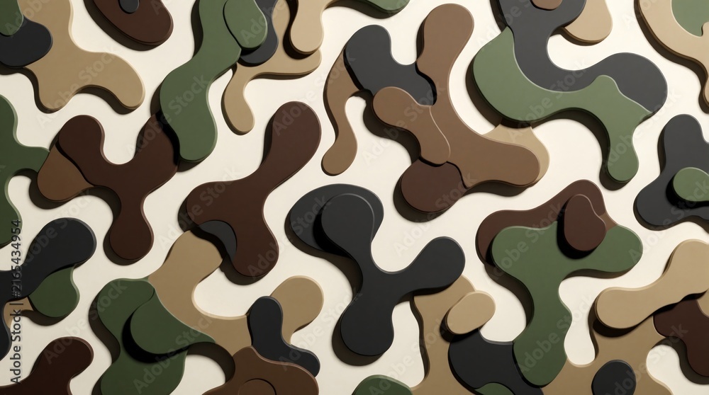 Naklejka premium Abstract camouflage pattern with organic shapes in earthy tones. Layered elements create depth and texture, suitable for diverse design applications needing a modern or military feel.