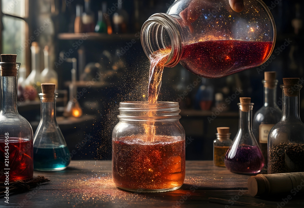 Fototapeta premium Magic potion pouring with glitter, alchemy and fantasy concept, mysterious liquid in glass bottles on a dark wooden table