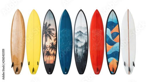 Collection of colorful surfboards standing in a row isolated on white background
