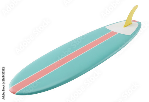Turquoise surfboard with pink stripe and yellow fin isolated on white background