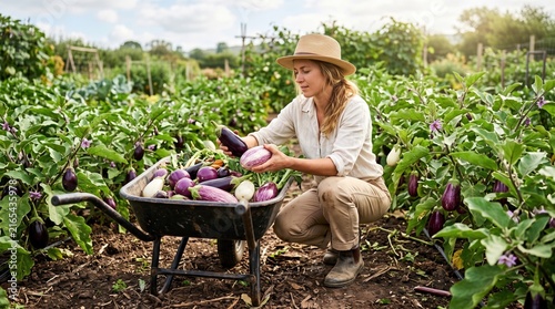 Young female farmer in hat kneeling by a wheelbarrow, harvesting purple eggplant from a lush vegetable field; holding a cut eggplant and checking ripe produce