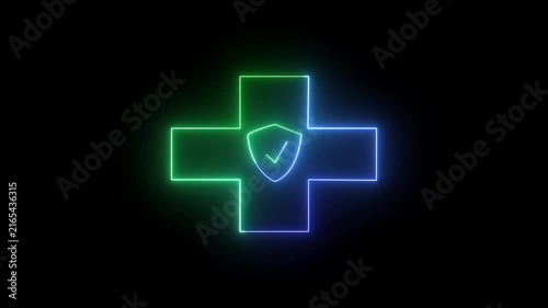 Neon medical cross with shield animation for healthcare security and wellness concepts glowing