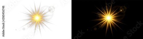 Lensflare bright golden burst light rays overlay, on transparent background