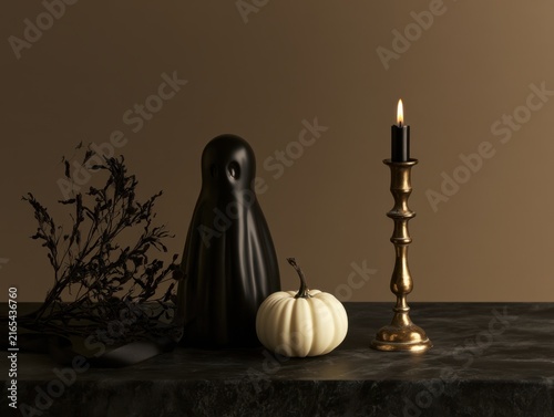 Black Halloween Ghost With Ivory Pumpkin