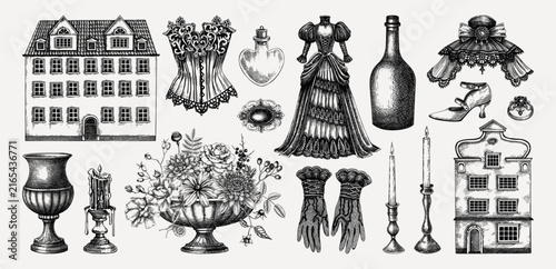 Victorian era objects illustration collection  hand drawn vintage engraving style. NOT AI generated