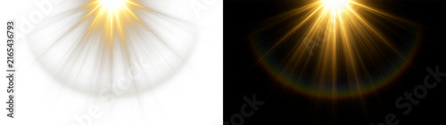 Lensflare bright golden sun rays warm glow, on transparent background