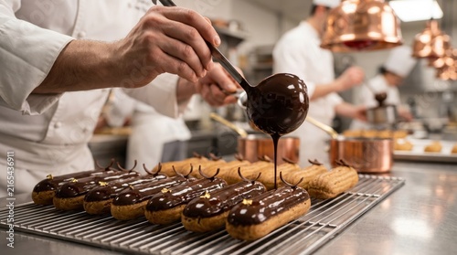 Pastry chef in white uniform drizzles chocolate on eclairs in professional kitchen setting