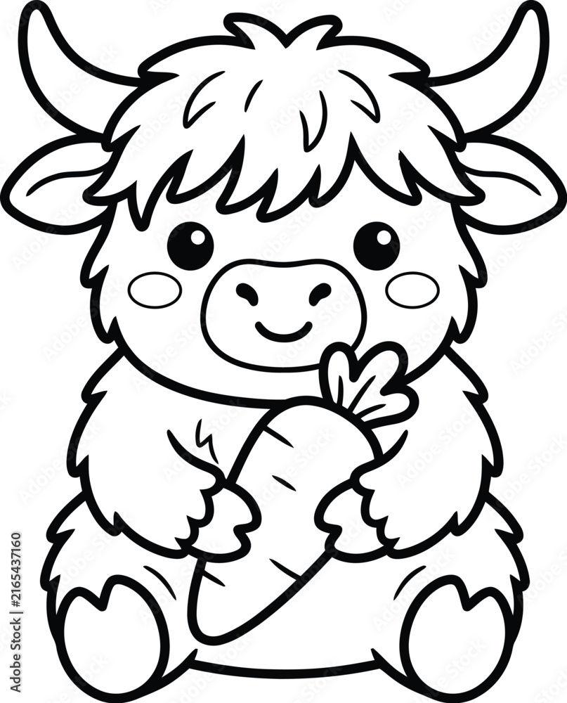 Fototapeta premium Cute highland cow coloring page for kids featuring a little fluffy calf holding a fresh orange carrot