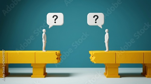 Obraz na płótnie Two 3D figures with question mark speech bubbles stand on a broken bridge representing a communication breakdown.