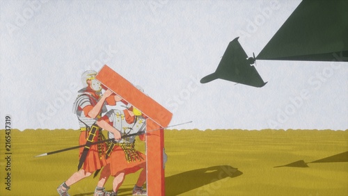 Fotografie Illustration of Roman soldiers facing against modern tech drone in open fields