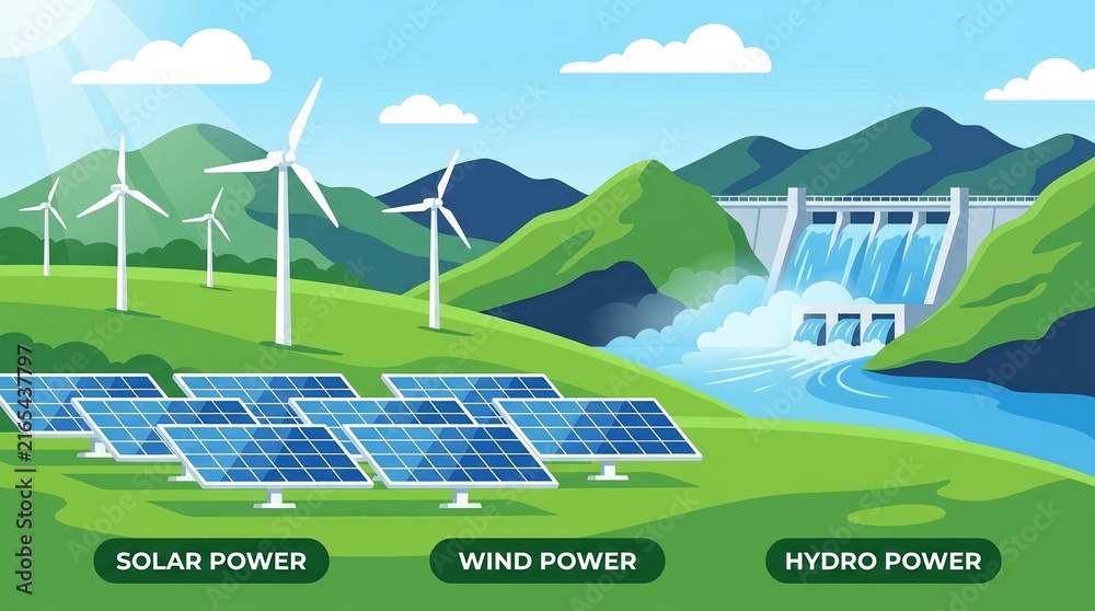 Obraz premium Renewable energy infographic showing solar, wind, and hydro power sources in a green landscape.