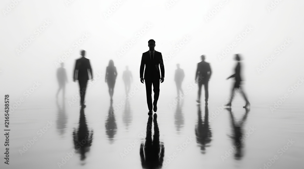 Naklejka premium Silhouettes of people walking through fog as an abstract business concept background.