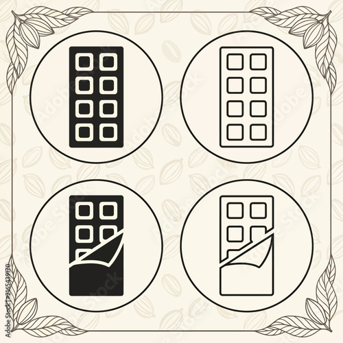 Set of Chocolate Bar Icons in Solid and Outline Styles with Elegant Cocoa Leaf Frame
