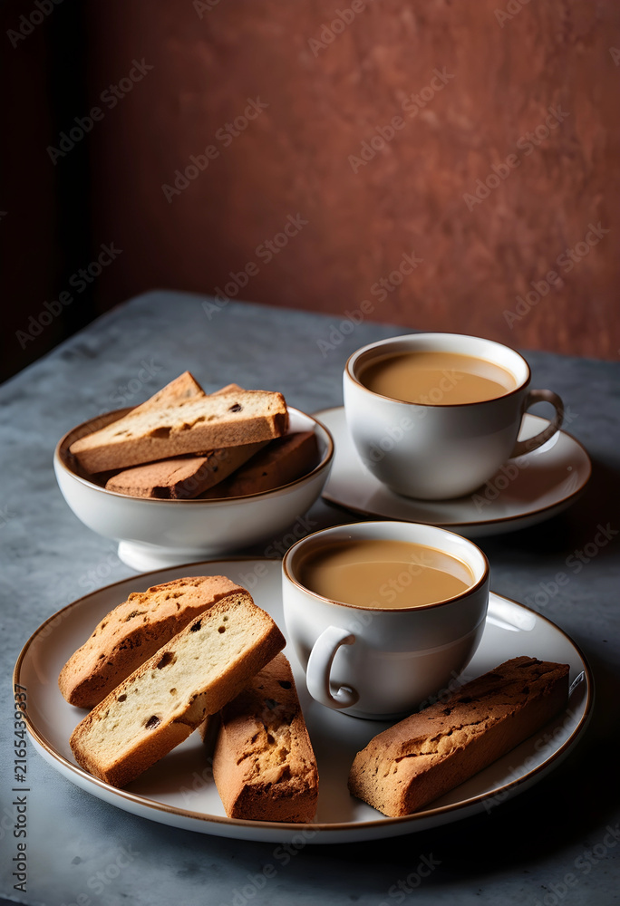 Fototapeta premium Coffee break and snack time, two cups of coffee with milk and biscotti cookies on a table, cozy atmosphere