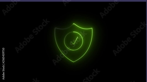 Neon green shield with checkmark animation for cybersecurity and data protection concepts glowing