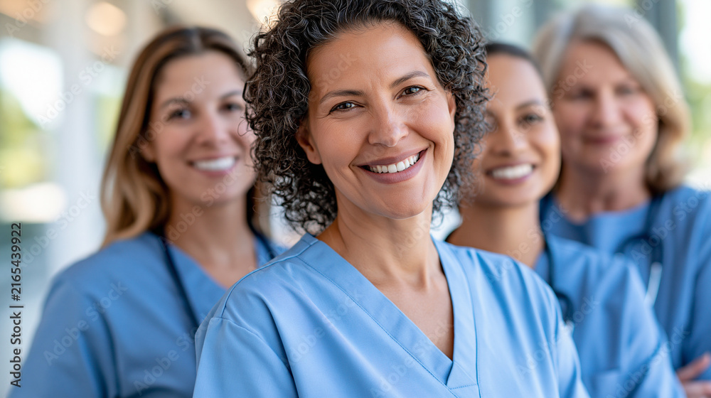 Fototapeta premium Diverse female nurses and medical professionals working together in a bright hospital environment, International Nurses Day, healthcare teamwork, patient support, medical workers,