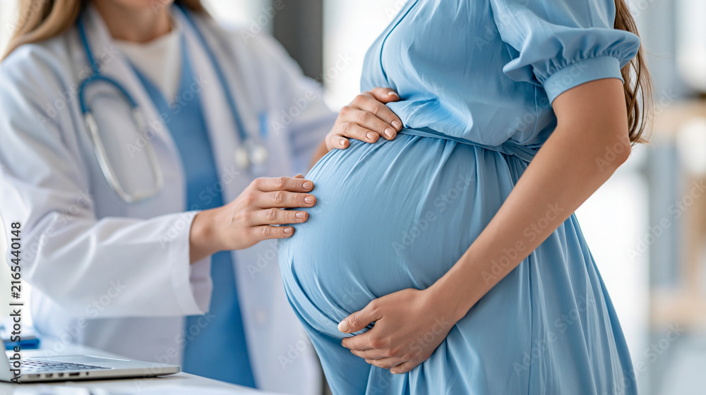 Naklejka premium Faceless pregnant woman standing beside a healthcare professional during a prenatal consultation, maternal health, pregnancy care, midwifery, obstetrics, prenatal screening,
