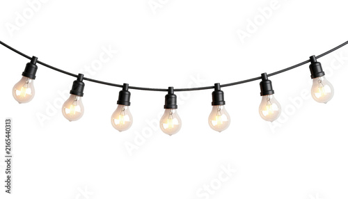 Decorative String Lights With Glowing Vintage Bulbs Hanging on Black Cable for Party and Event Decoration Isolated on Transparent Background