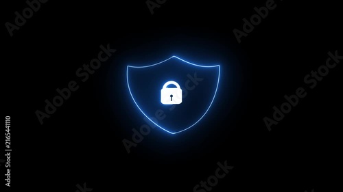 Glowing neon shield with padlock for cybersecurity and data protection concept