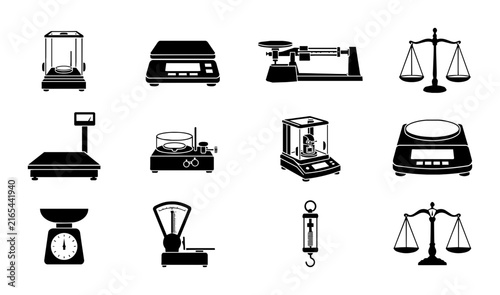 Collection of 12 Digital and Analog Scales, Weighing Instruments, and Balances, Vector Icons for Measurement and Precision