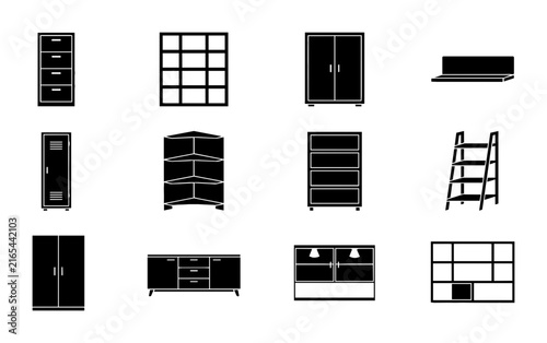 Vector Furniture Icons Set: Storage Cabinets, Shelving Units, and Drawers for Interior Design and Home Organization