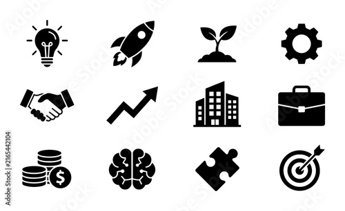 Business and Finance Icons Set: Startup, Growth, Strategy, and Success Symbols, Vector Collection for Commercial Use