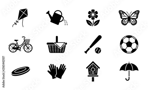 Spring and Summer Outdoor Activity Icons, Vector Set: Kite, Watering Can, Flower, Butterfly, Bicycle, Picnic Basket, Baseball, Soccer Ball, Frisbee, Gloves, Birdhouse, Umbrella