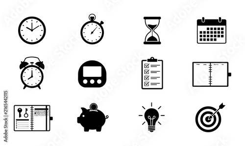 Time Management Icons: Clocks, Calendar, Stopwatch, Piggy Bank, Lightbulb, Target, Checklist, Hourglass, Alarm Clock, Notebook, Planner, Digital Timer Vector Set