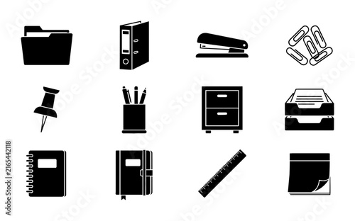 Office Supplies Icons Set, Business Stationery Vector Graphics, Paperwork Organization Symbols, Minimalist Black and White Design Elements