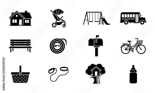 Vector Icons: House, Stroller, Playground, School Bus, Bench, Hose, Mailbox, Bicycle, Picnic Basket, Jump Rope, Treehouse, Baby Bottle - Simple Black Graphics for Family, Outdoors, and Home