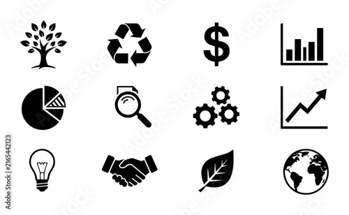 Eco-Friendly Business Icons Set, Sustainability Growth Symbols, Financial Data Graphics, Green Energy Concepts, Vector Collection