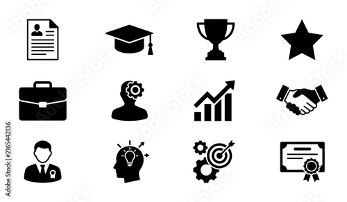 Business Icons Set: Resume, Graduation Cap, Trophy, Star, Briefcase, Strategy, Growth Chart, Handshake, Professional, Idea, Gears, Certificate