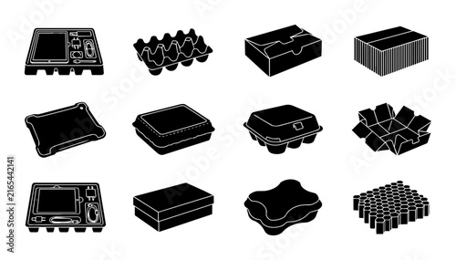 Food Packaging Icons Set, Various Containers and Trays, Vector Graphics for Delivery and Storage Solutions