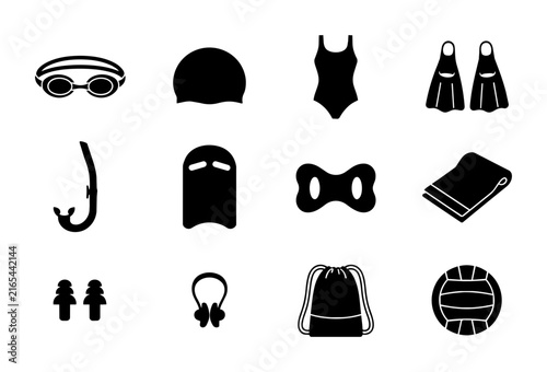 12 Swimming Gear Icons, Water Sports Equipment Vector Set, Aquatic Training Accessories Collection, Black and White Flat Design