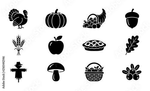 Thanksgiving Icons Set, Harvest Symbols Vector Collection, Autumn Food and Nature Graphics, 12 Black and White Elements