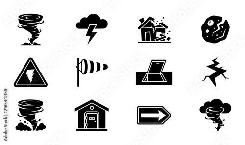 Natural Disaster Icons Set: Tornado, Lightning, Earthquake, Meteor, Storms, Wind, Flood, Damage, Warning Signs, Shelter, Vector Graphics for Safety and Emergency Planning