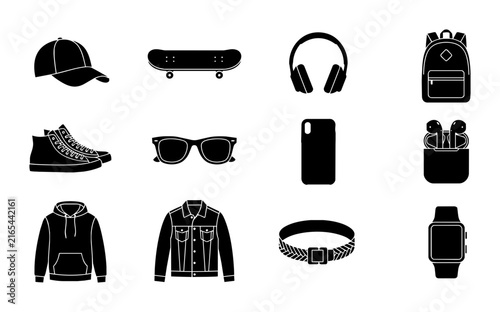 Urban Lifestyle Icons Set: Baseball Cap, Skateboard, Headphones, Backpack, Sneakers, Sunglasses, Smartphone, Earbuds, Hoodie, Denim Jacket, Belt, Smartwatch