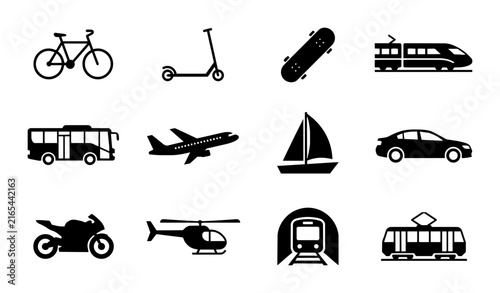 Black and White Transportation Icons Set: Bicycle, Scooter, Skateboard, Train, Bus, Airplane, Sailboat, Car, Motorcycle, Helicopter, Subway, Tram