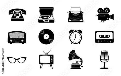 Retro Technology Icons Set: Vintage Audio, Communication, and Entertainment Gadgets, Black and White Vector Graphics for Nostalgic Design