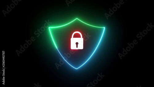 Neon cyber security shield with glowing padlock animation for digital data protection and network safety concepts