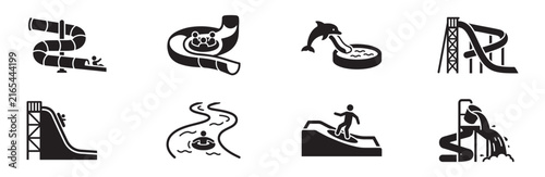Set of water park icons including water slides, tube rides, and pool attractions isolated on white background