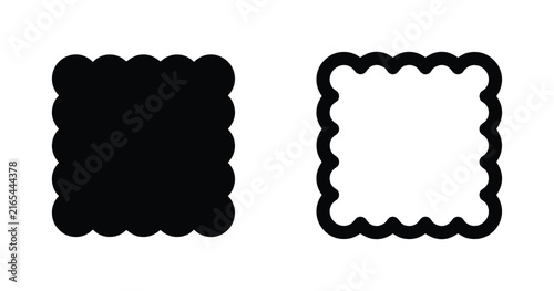 Set of two square scalloped biscuit shapes, solid black and outline icon style, isolated on white background