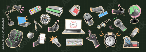Back to School Collage Stickers Halftone School Supplies Stationery Laptop Light Bulb Hand Backpack Alarm Clock Globe Lamp Trendy Modern Cutout Elements Concept school College university study Vector 