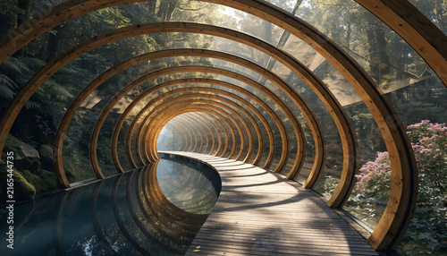 Futuristic Biophilic Glass And Timber Tunnel Walkway Winding Through Lush Forest With Wooden Boardwalk, Reflective Water Channel, And Moss Covered Rocks Under Natural Sunlight